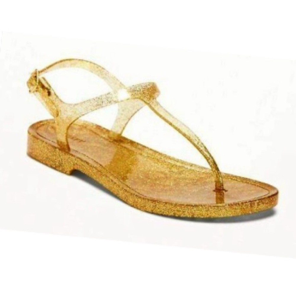 Old Navy T-Strap gold glitter Jelly Flat Sandals Youth Girls size 6 NEW